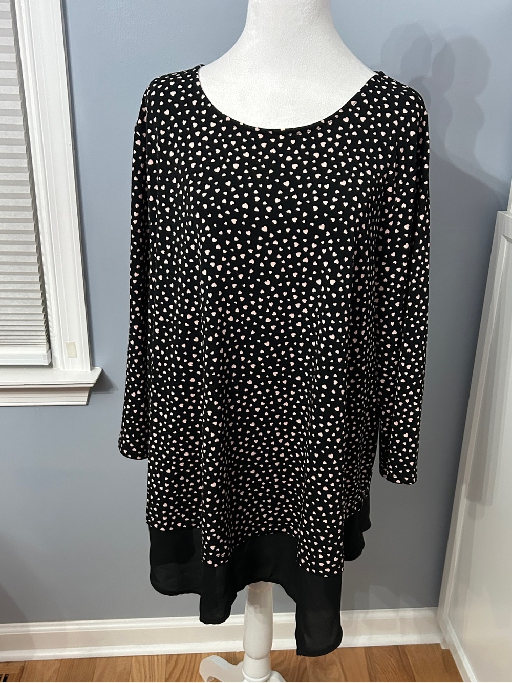 Adrianna Papell Women’s 3XL Plus Blouse Black Pink Heart Print 3/4 Sleeve Swing